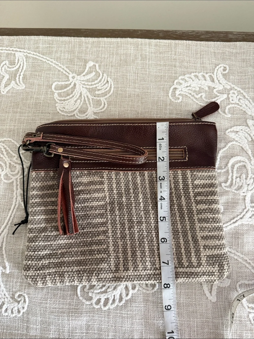 Myra NWOT Puzzled Pouch Wristlet Brown Leather & Beige fabric Wristlet Clutch